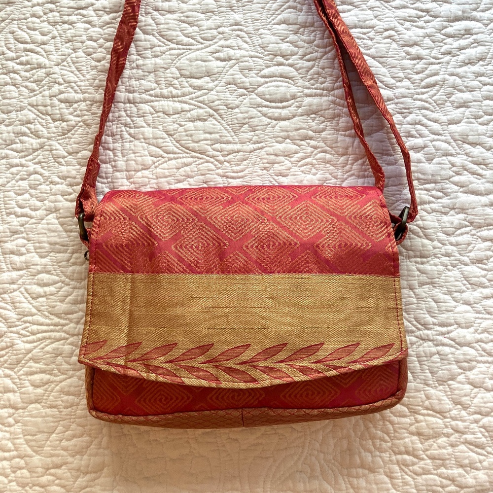 Soft, Warm Pink + Gold Indian Silk Shoulder Bag w 2 Pockets, Great Everyday Size